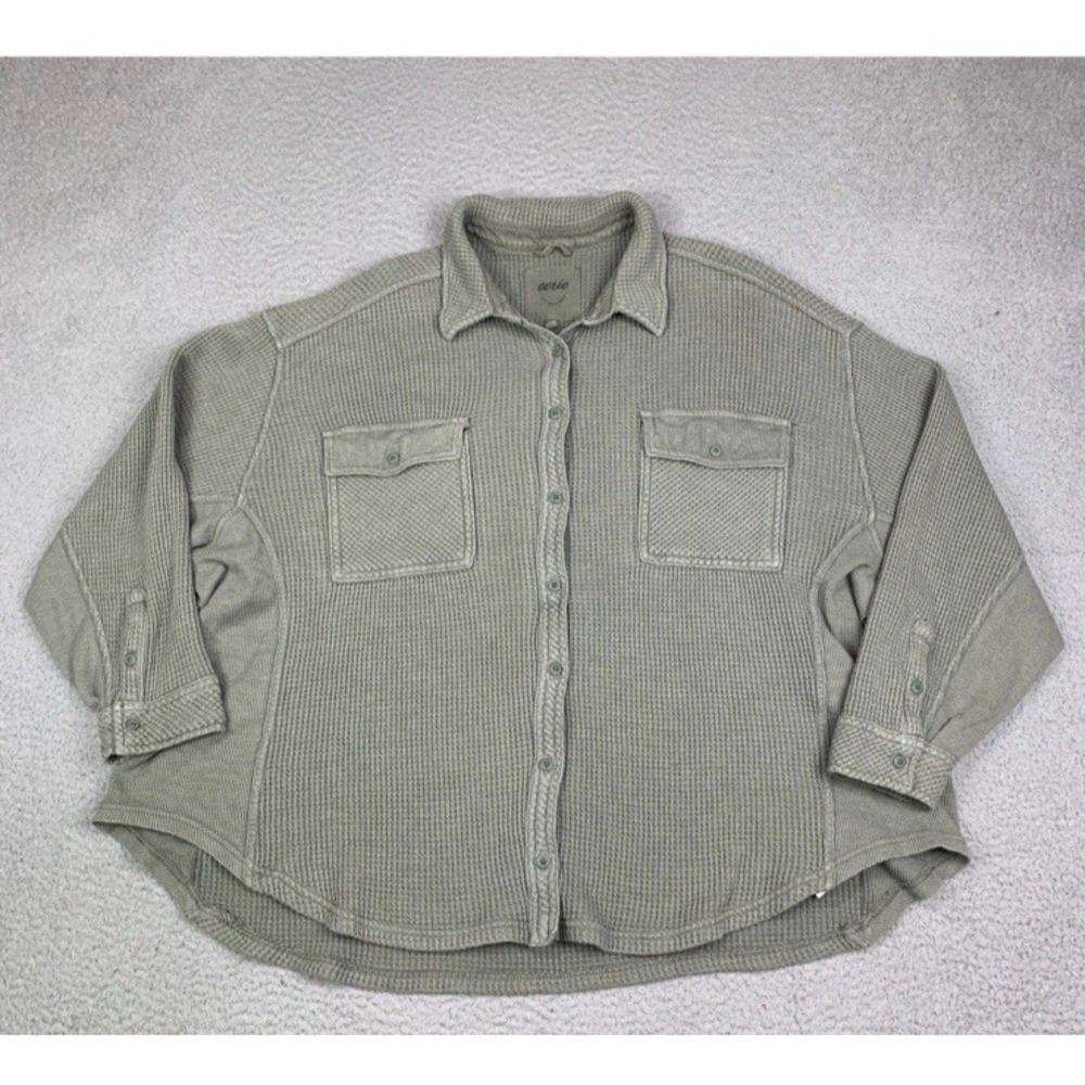 Aerie Lumberjane‎ Shirt Womens S Sage Green Waffle Knit Button Front Shacket